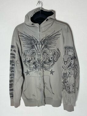 Vintage Y2K Caffeine New York Grunge Mall Goth Graphic Zip Up Hoodie Grey Size L